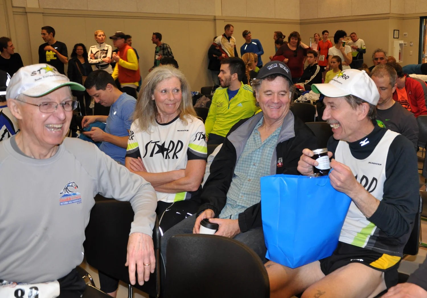 post race - waiting for the awards presentation: Tom, Jackie, Danny and Vince